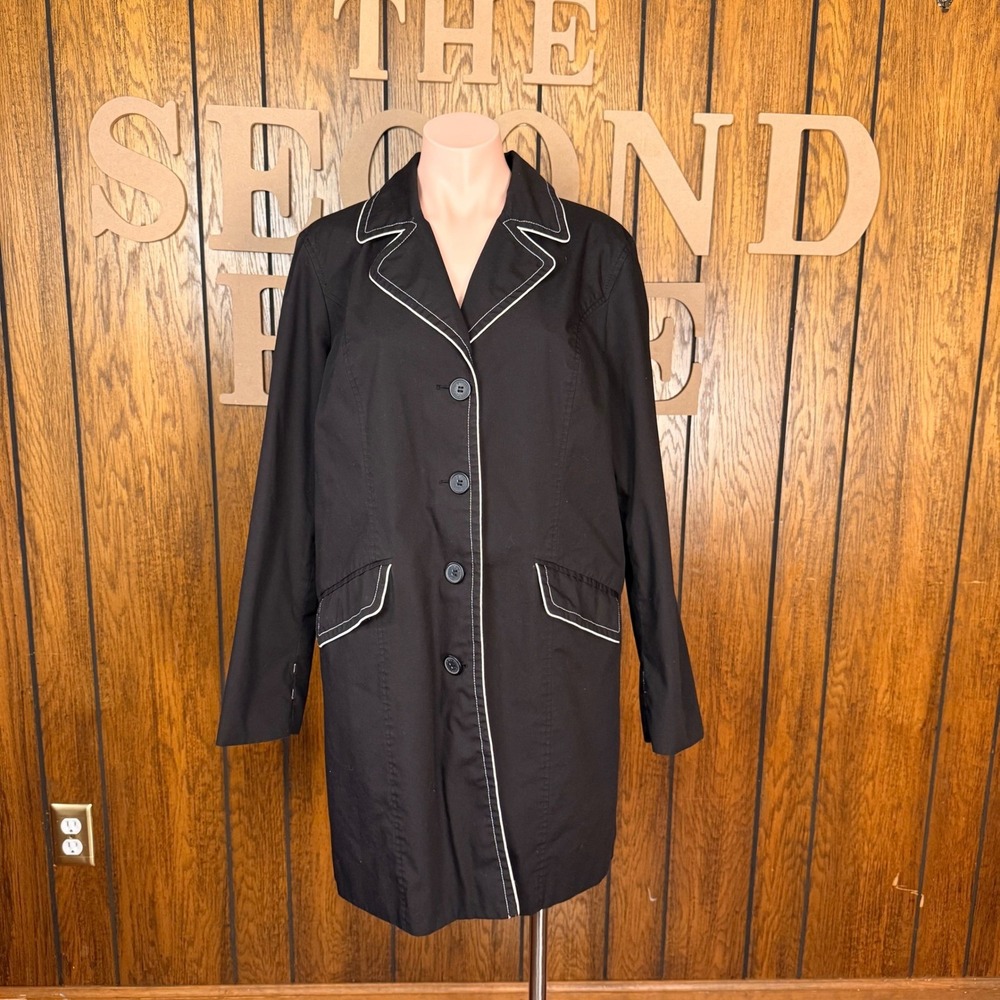 Y2K Black Trench Coat Dennis Basso Women L Contrast Piping Preppy Mod Minimalist - Picture 2 of 6